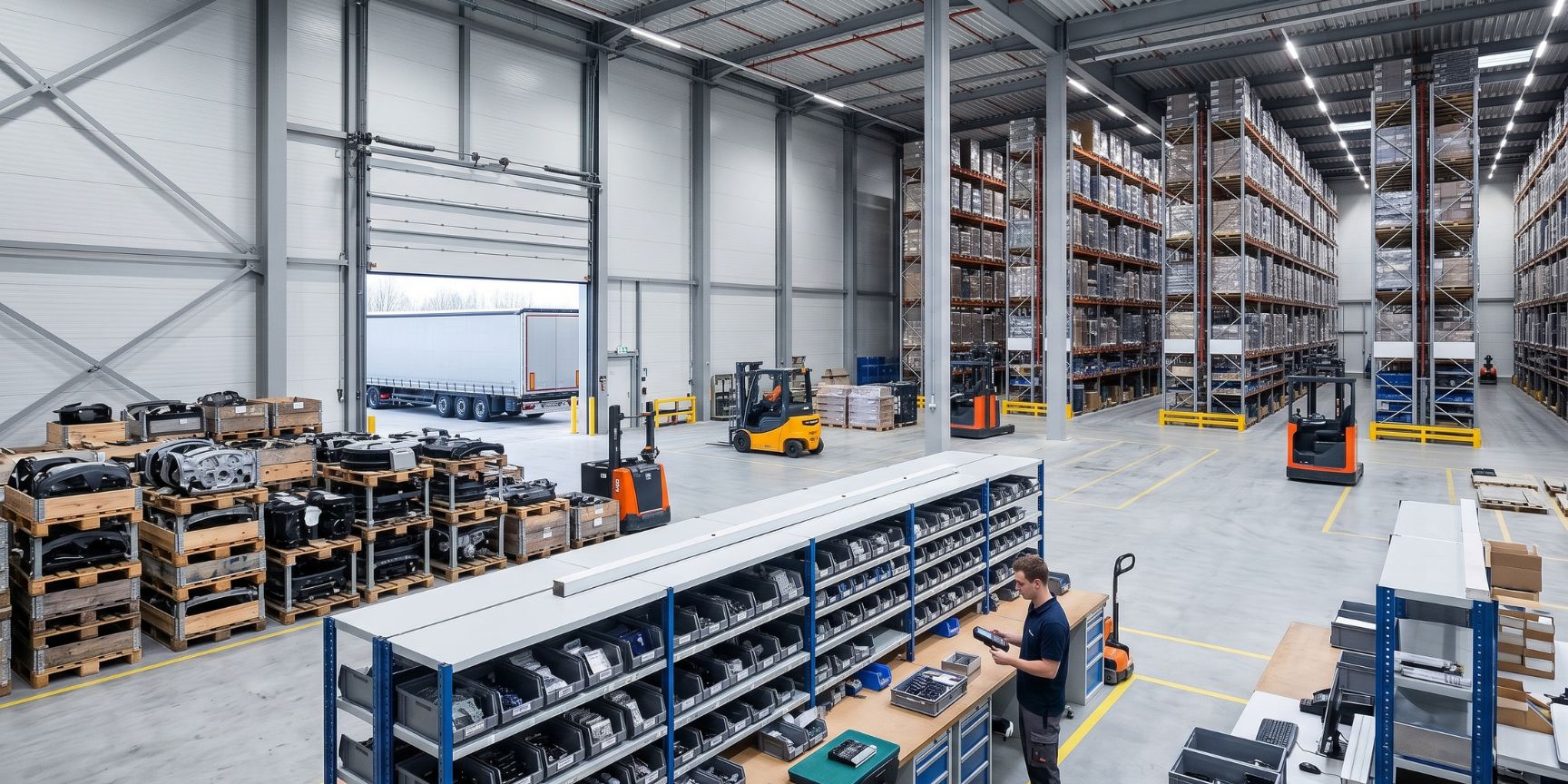 Dynamic logistics hall with various areas for contract logistics. Block storage, high racks, VAS station and truck ramp show the multifunctional use and flexibility.